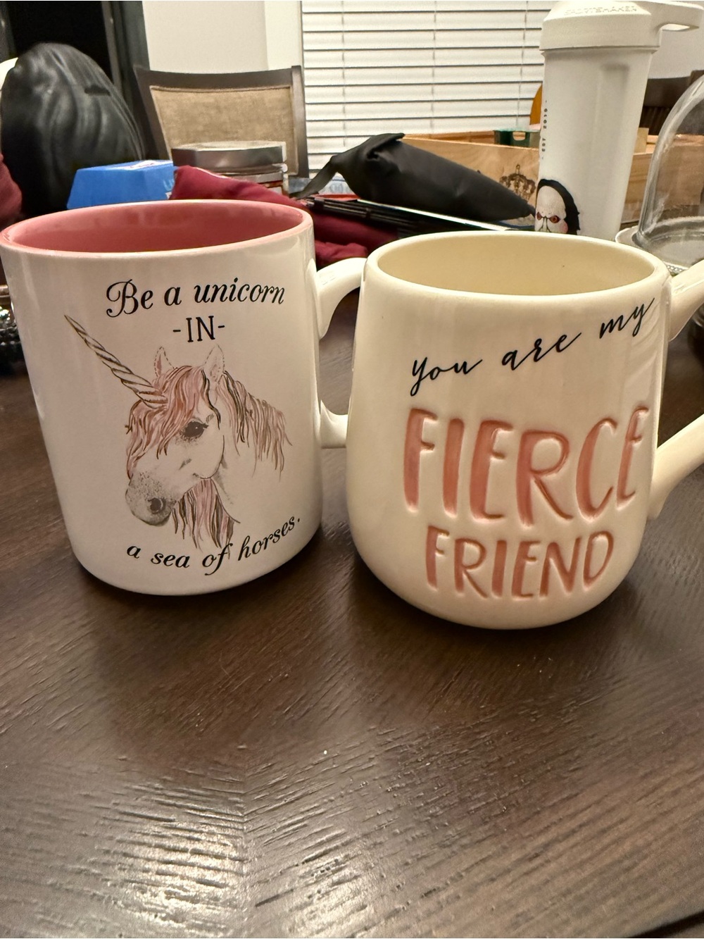 Pink and white unicorn mugs